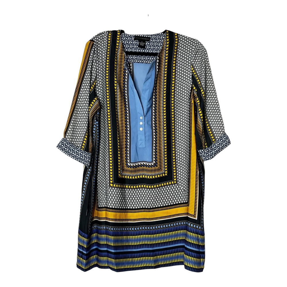 Grace Elements Womens XL Yellow Blue Geometric Border Print 3/4 Sleeve Dress